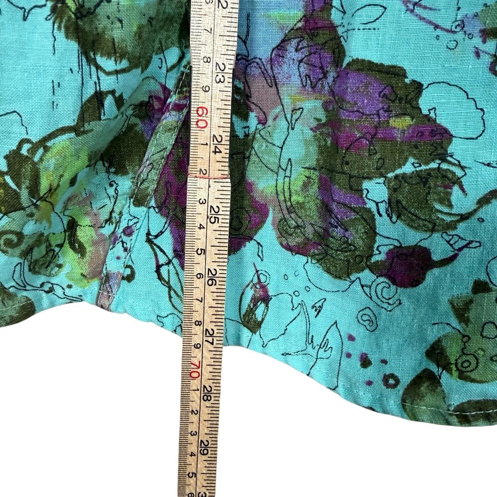 Click Linen Lagenlook Top Large Blue Floral Artsy Relaxed Fit Minimalist Casual - Picture 6 of 7